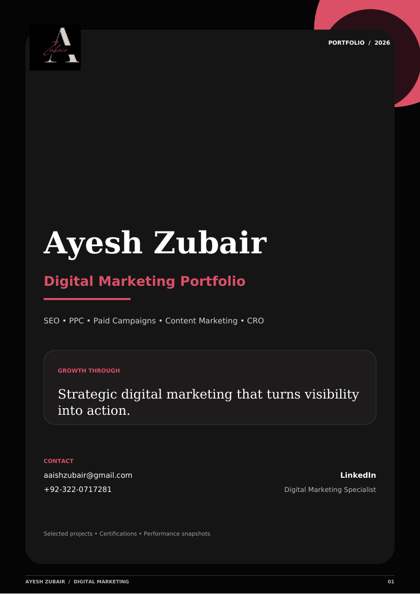 Portfolio cover — Ayesh Zubair, Digital Marketing