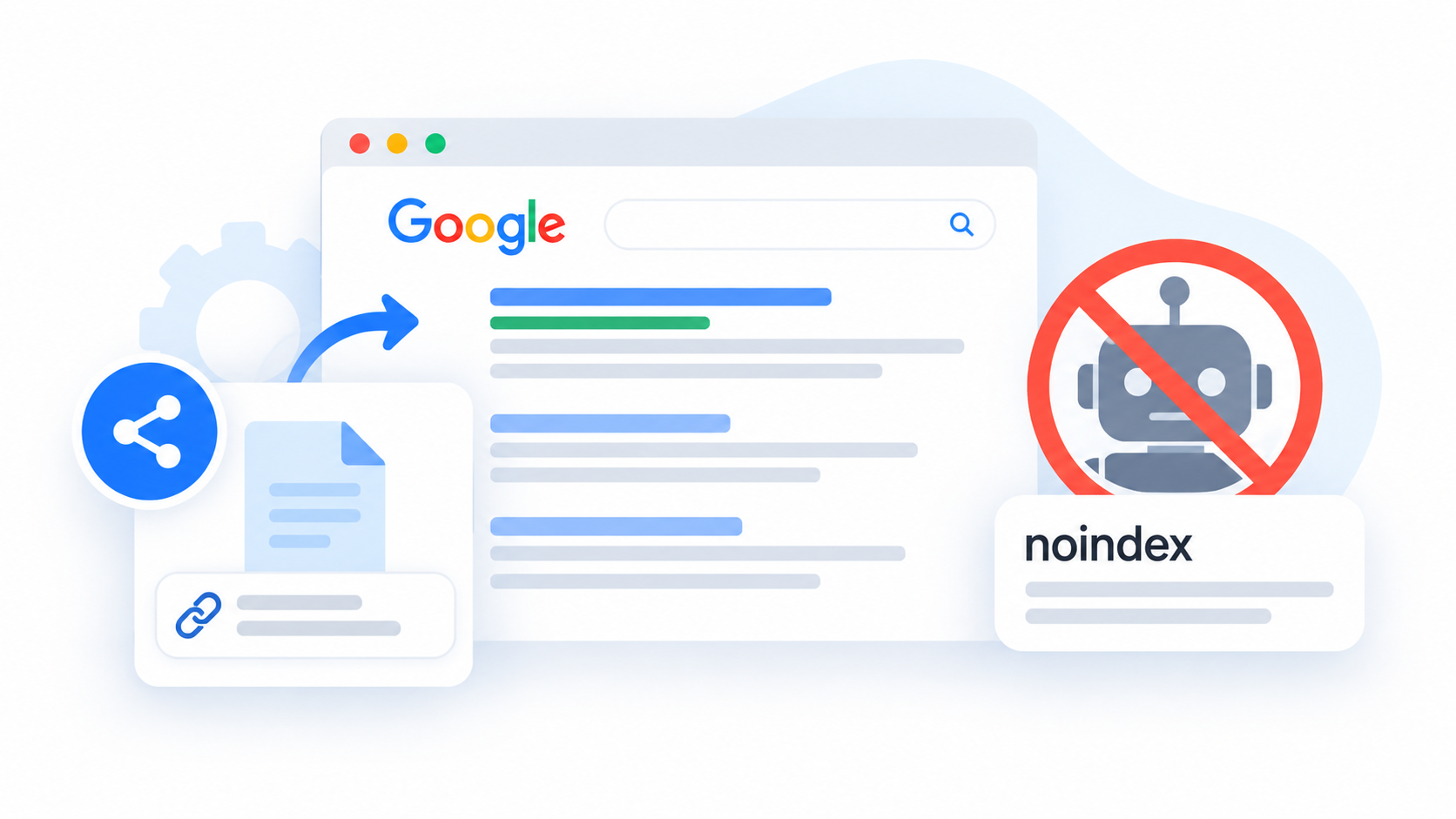 A clean white background with a simple browser window showing a shared page and a small Google-style indexing symbol with a slash through it. Use subtle blue and gray accents with minimal elements.